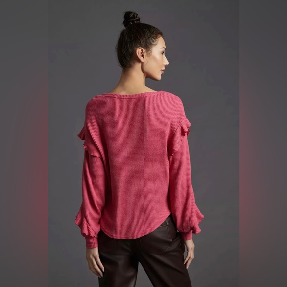 🌺 Anthropologie Pilcro Waffle Knit Wide V-Neck Slouchy Ruffle Top Pink Size Med - Picture 3 of 17